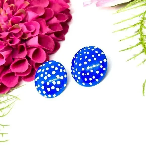 VINTAGE⚜️RETRO Blue Polka Dot Earrings - Picture 3 of 5